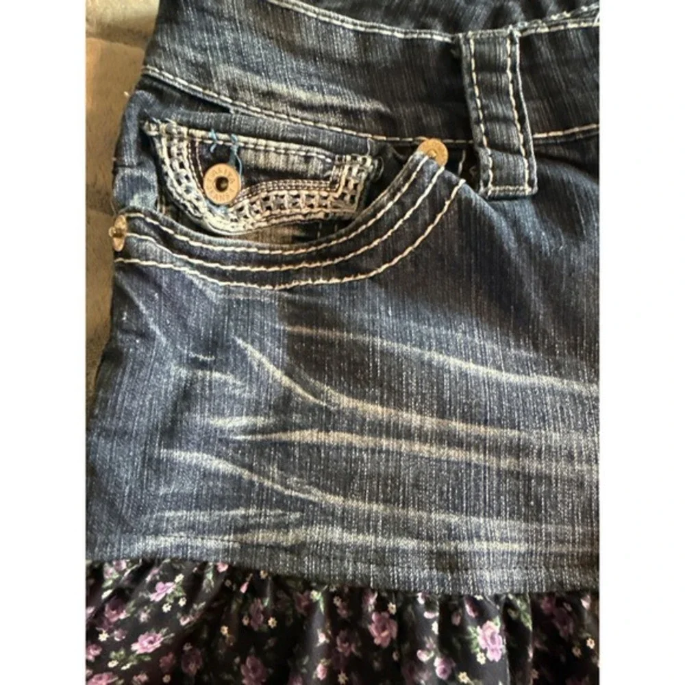 Y2K Ariya Jeans Denim Floral Ruffle Mini Skirt Low Rise Y2K, Cottage/Fairy Core, - Picture 9 of 11